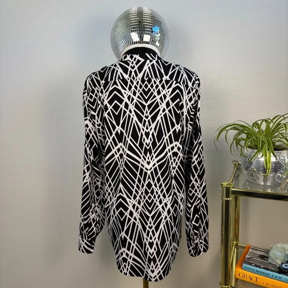 Calvin‎ Klein Black White Geometric Print Blouse, Womens Size Medium - Picture 4 of 14